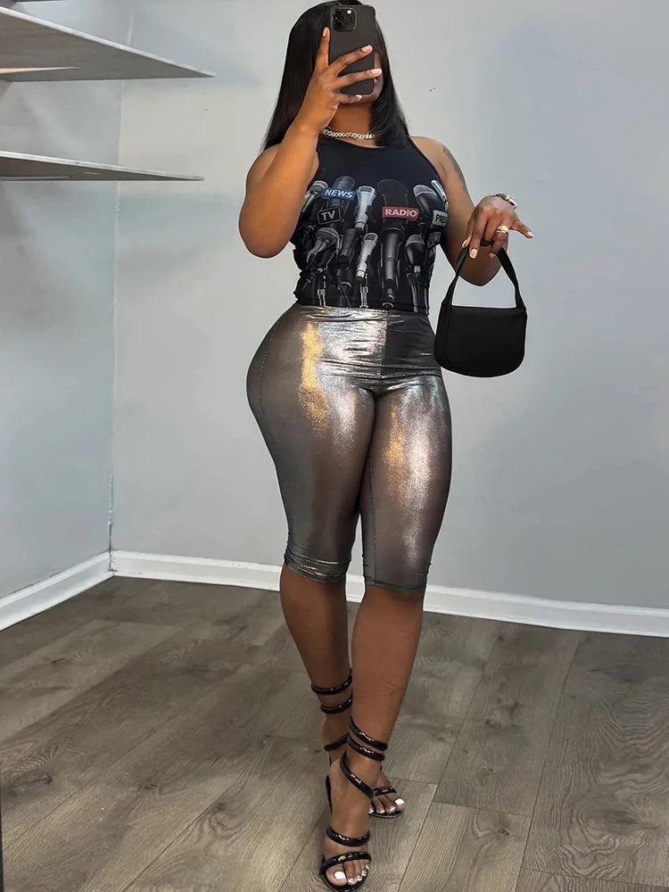Sexy Fashion 2 Piece Set Woman Summer Trend o-Neck Shape Waist Tank Tops+Reflection Design Shorts Street Style Suits