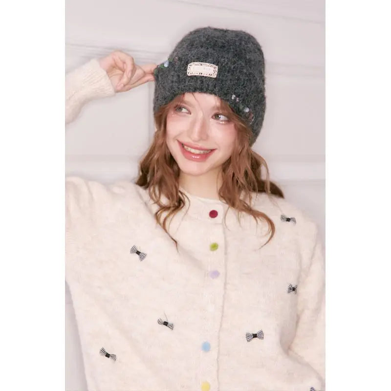 Y2K Casual Solid Color Stone Stacked Beanie For Women