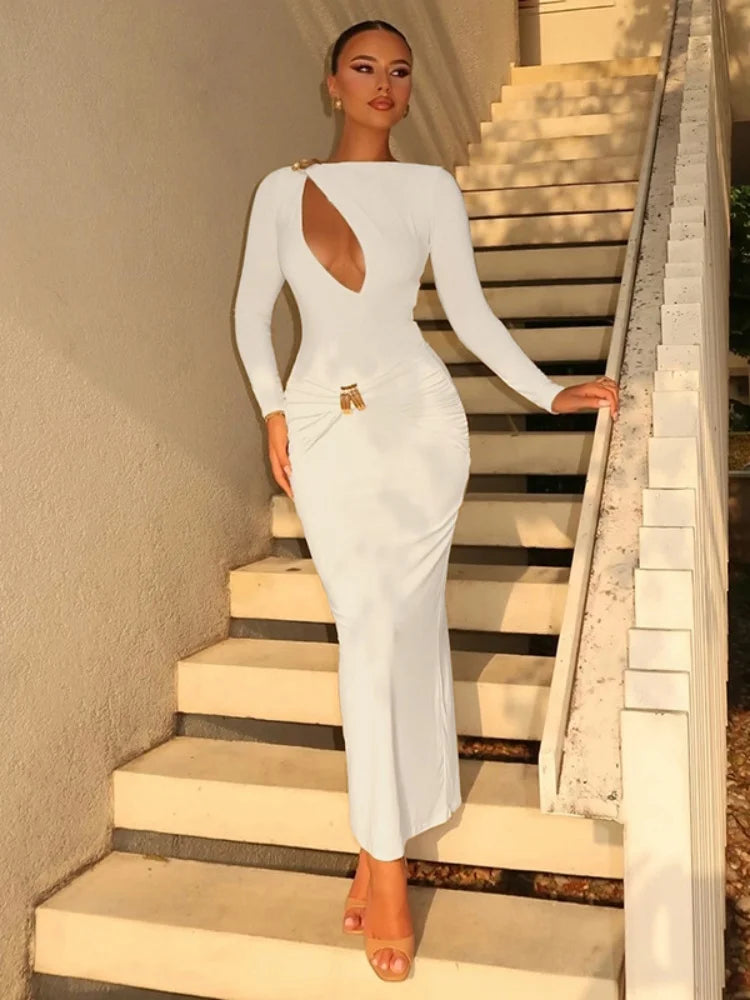 Hardwear Detail Hollow Long Sleeve Maxi Dress for Woman Elegant White Party Dresses Fall Clothes 2025