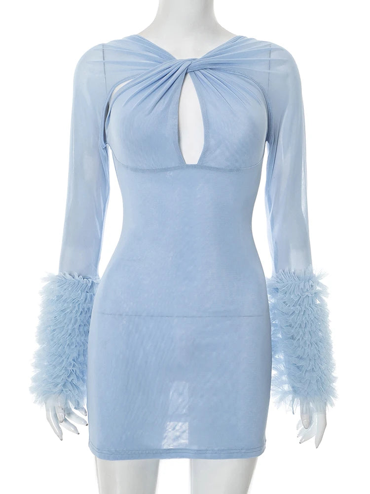 Furry Patchwork Dress Women See Through Full Sleeve Sexy Hollow Cross Elegant Luxury Banquet Birthday Party Clubwear