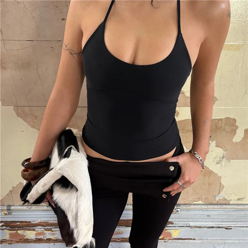 Summer Casual Sleeveless Spaghetti Strap Slim Fit Caimi Tops Basic Solid Camis Women Harajuku Cropped Tops Daily Wear