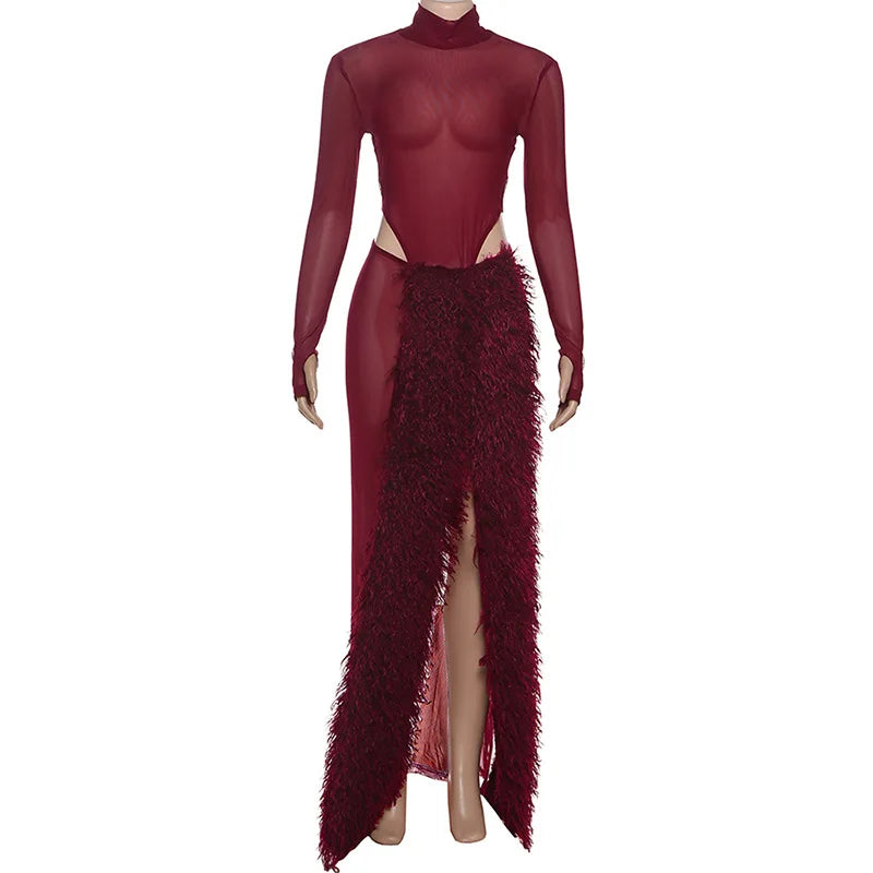 See Through Mesh Dress Suits for Woman Club Outfits Turtleneck Long Sleeve Bodysuit Top Furry Split Long Skirt