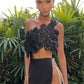 Women Sexy Beach Vacation y2k Chic Skew Collar Tank Tops Sequin Flowers Lace Up Crop Tops Summer Lady Vacation Camisole