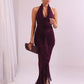V Neck Backless Fishtail Maxi Dress Evening Party Elegant Gown Solid Color Mesh Sheer Stretchy Dresses