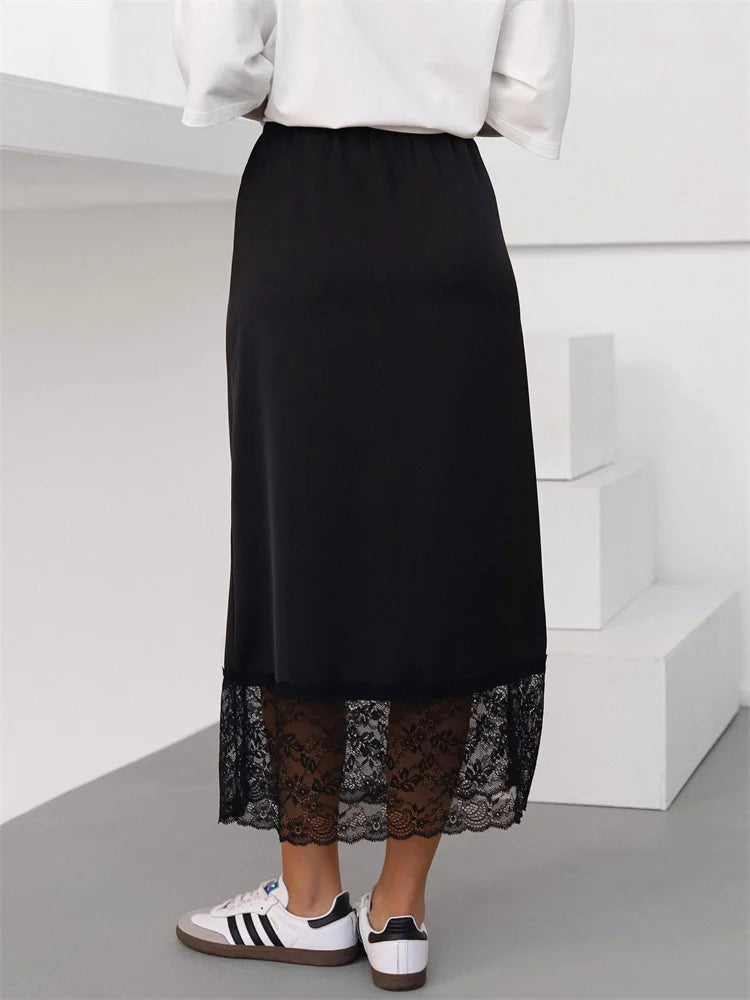 White Casual Lace Long Skirt For Women Slim High Waist Patchwork Elegant Commute Clothes Summer Female Maxi Skirt New