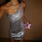 One Shoulder Glow Mini Dress Birthday for Woman Sexy Silver Club Dresses Summer 2026