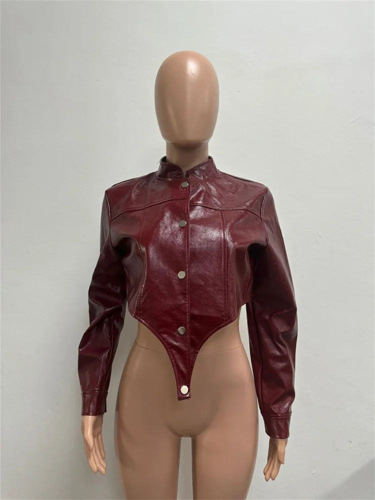 Irregular PU Jacket Women Sexy Stand Collar Magnetic Snap Button Chic Waistless Street Clubwear Hipster Autumn Coat