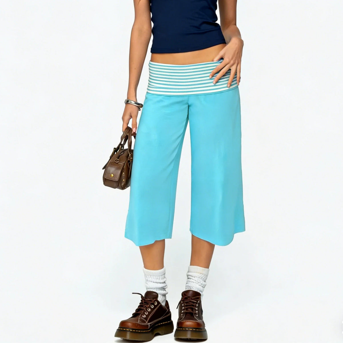 Womens Fold Over Lounge Capri Pants Striped Low Rise Wide Leg Gaucho Pants Yoga Culottes Casual Foldover Bottoms