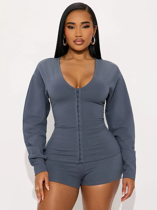 Basic 2-Piece Set Women Tracksuit Single Breasted V-Neck Full Sleeve Crop Jacket+Bike Shorts Skinny Simple Streetwear