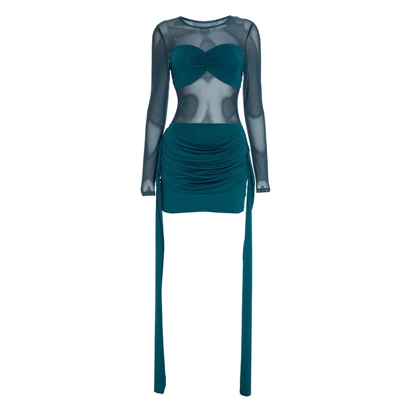 Mesh Splicing Long Sleeve Draped Mini Dress Green Black Club Dresses Sexy Fall Clothes Woman 2025