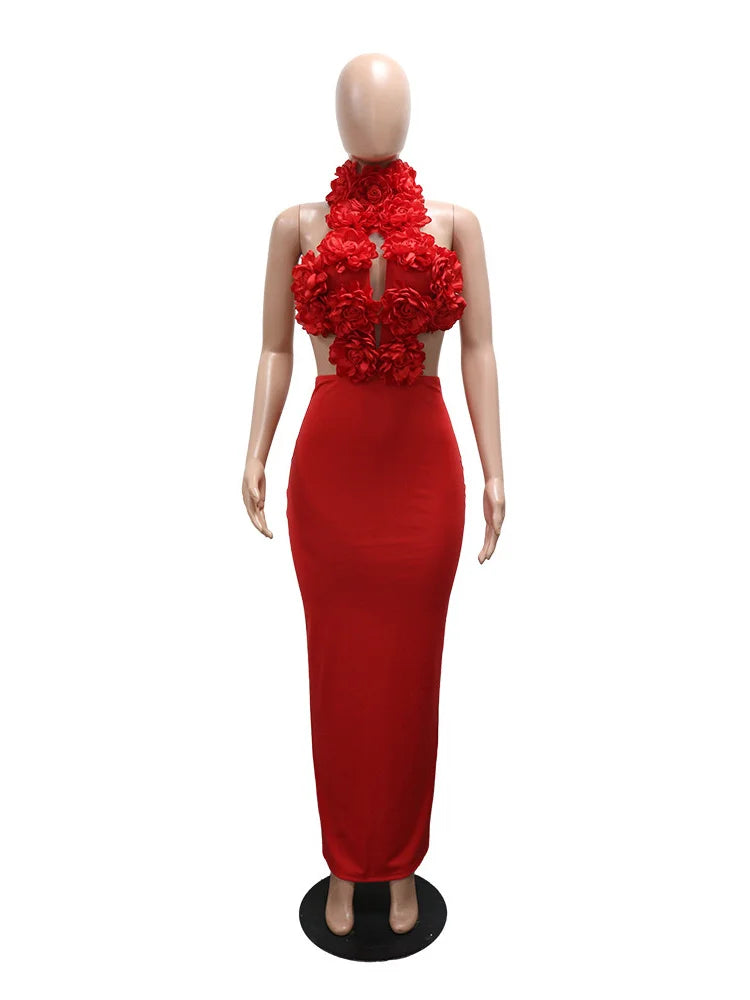 3d Flowers Maxi Dress Halter Buttons Bandage Backless Sleeveless Hollow Back Slit Sexy Midnight Prom Party Chic Vestidos