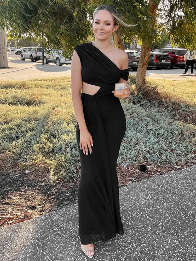 Sexy Sleeveless Hollow Out Pleated Patchwork Maxi Dress For Women High Waist Off-shoulder Slim Club Party Long Dress