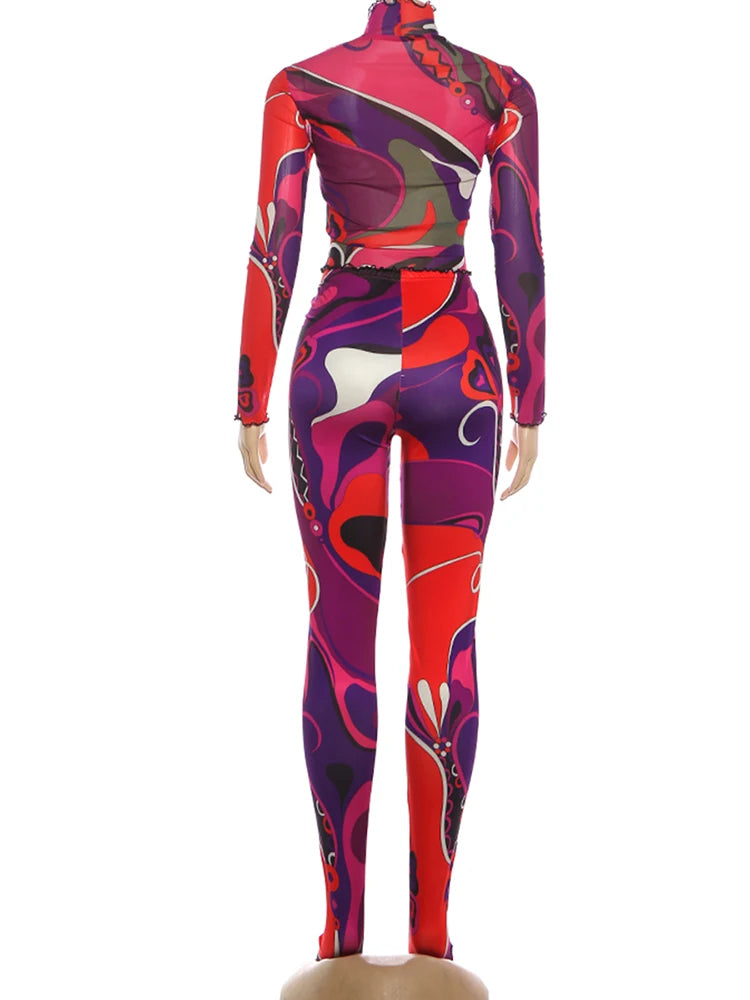 Sexy Sporty 2-Piece Set Women Tracksuit Sporty Fall Crop Tops+Leggings Matching Tight Stretch Colorful Print Streetwear