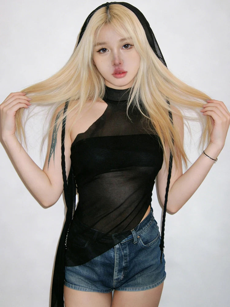 Mesh Sexy Tassel Hat+Vest Half Turtleneck Patchwork Irregular Hem Hip-Hop Style Music Festival Midnight Streetwear