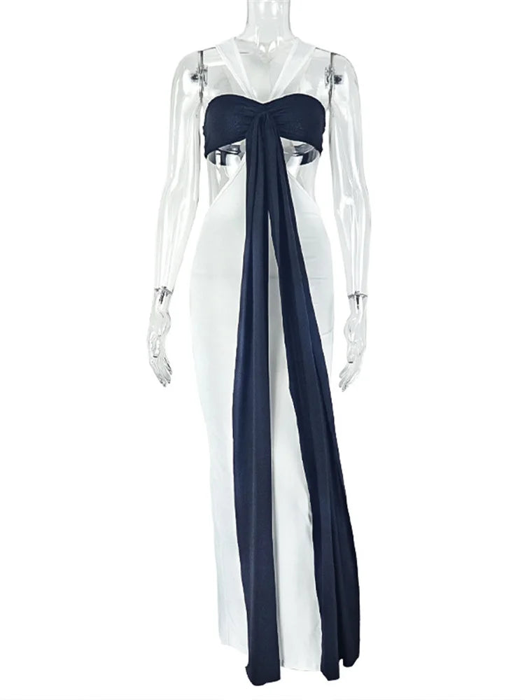 Contrast Patchwork Maxi Dress Women Irregular Off Shoulder Sleeveless Long Ribbon Midnight Club Party Long Bodycon