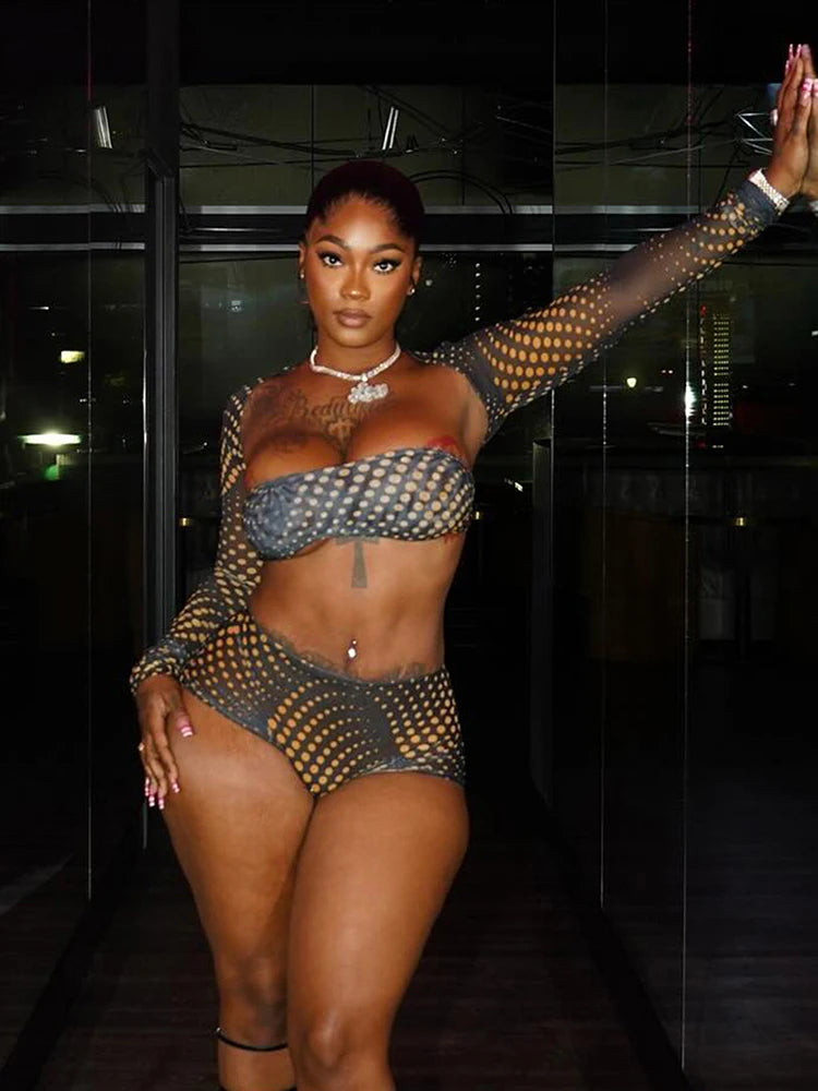 Polka Print 3 Piece Set Women Full Sleeve Shawl+Mini Strapless Tops+Skinny Shorts Hottie Midnight Sexy Fashion Suits