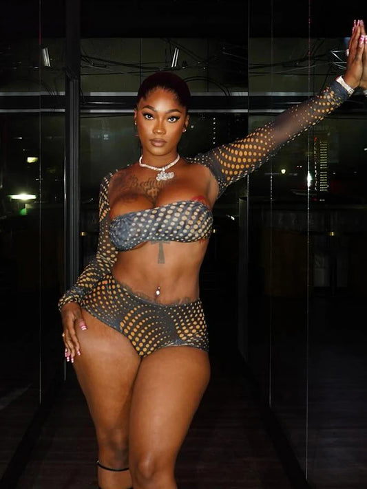 Polka Print 3 Piece Set Women Full Sleeve Shawl+Mini Strapless Tops+Skinny Shorts Hottie Midnight Sexy Fashion Suits