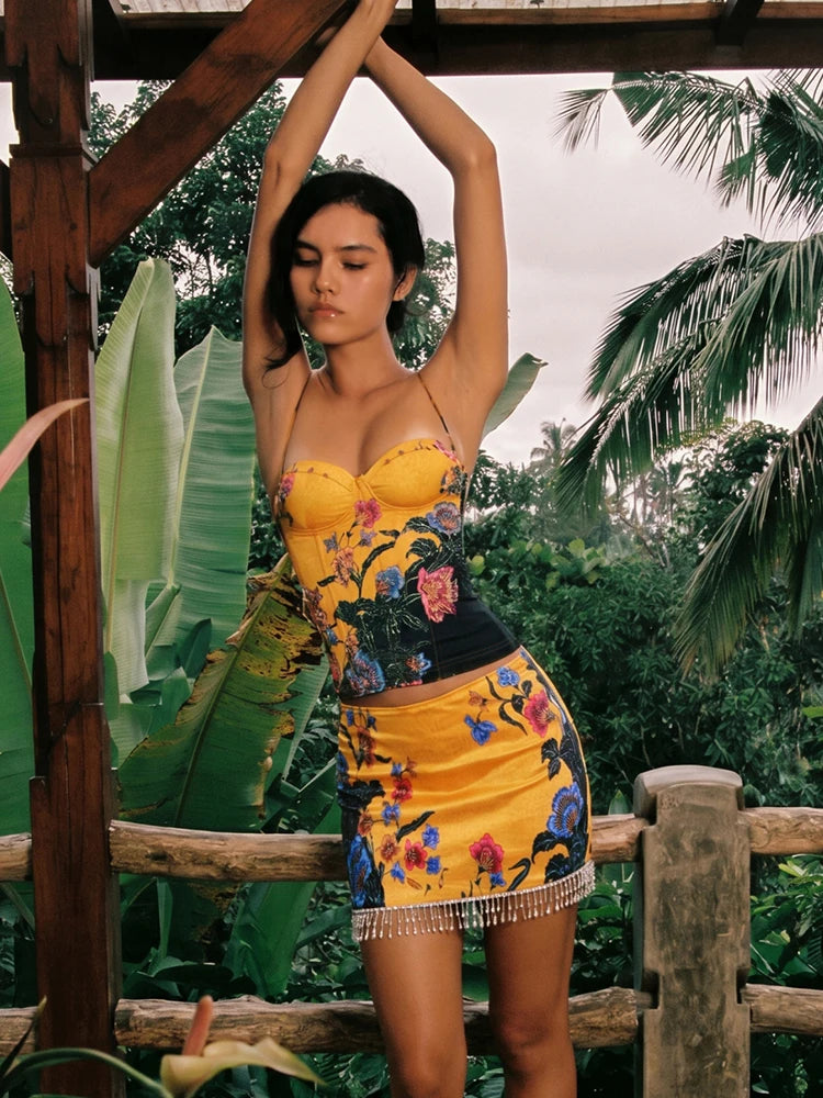 Sexy Floral Print 2 Piece Set Women Trend Square Collar Tank Top+Beads Tassel Patchwork Skirt Fashion Party Suits
