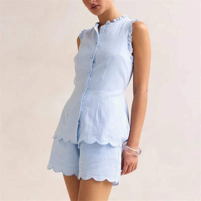 Women’s Casual 2 Piece Outfits Summer Sleeveless Ruffle Trim Tank Tops and Elastic Waist Shorts Set Vacation Beachwear