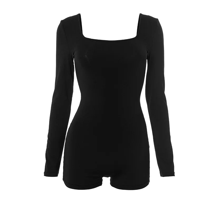 Square Neck Long Sleeve Backless Romper Playsuit Woman Catsuits Sexy Hot One Pieces Short Jumpsuit Black