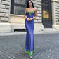 Lace Trim Satin Blue Sexy Dress for Woman Spaghetti Strap Deep V Neck Backless Long Maxi Dresses Summer 2024