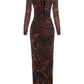 Sexy Hollow Shirring Long Dress Woman Art Print o-Neck Full Sleeve High Splits Hem Evening Club Party Skinny Vestidos