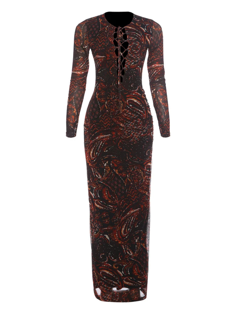 Sexy Hollow Shirring Long Dress Woman Art Print o-Neck Full Sleeve High Splits Hem Evening Club Party Skinny Vestidos