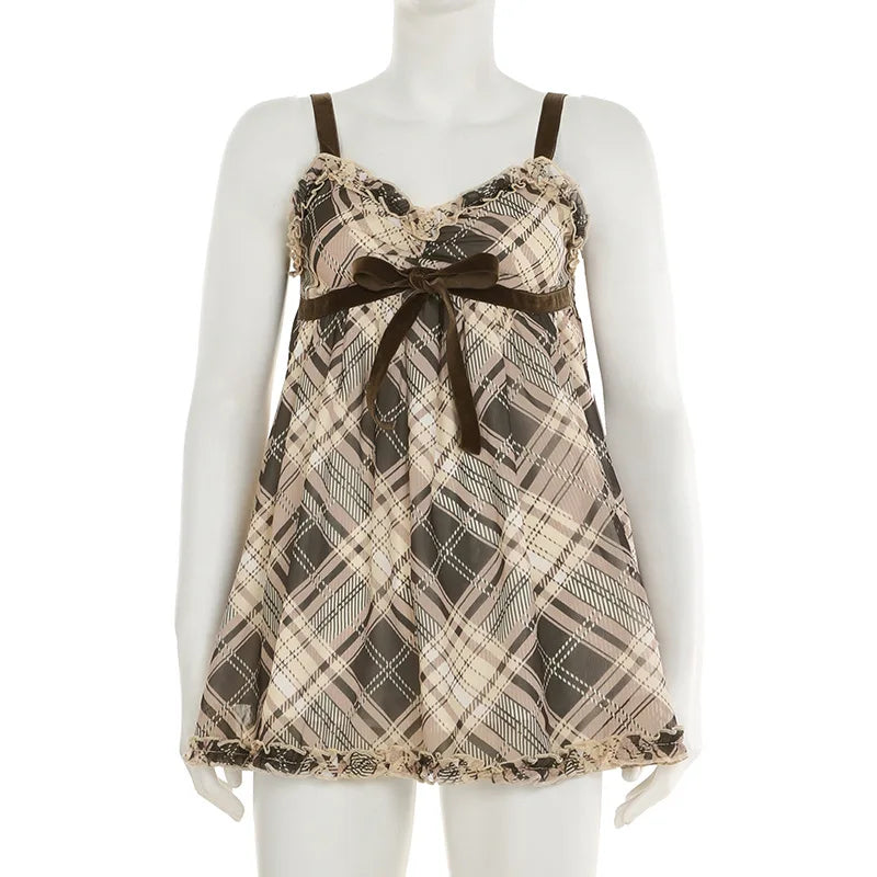 Brown Plaid Tank Tops for Women Gyaru Japanese 2000s Y2k Summer Bow Frill V Neck Backless Top Cute Clothing