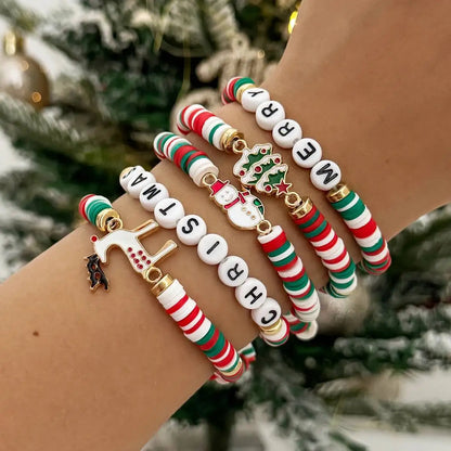 5Pcs/Set Christmas Tree Elk Snowman Pendant Bracelet Women Merry Christmas Elastic  Rope Bracelet New Year Jewelry Gift