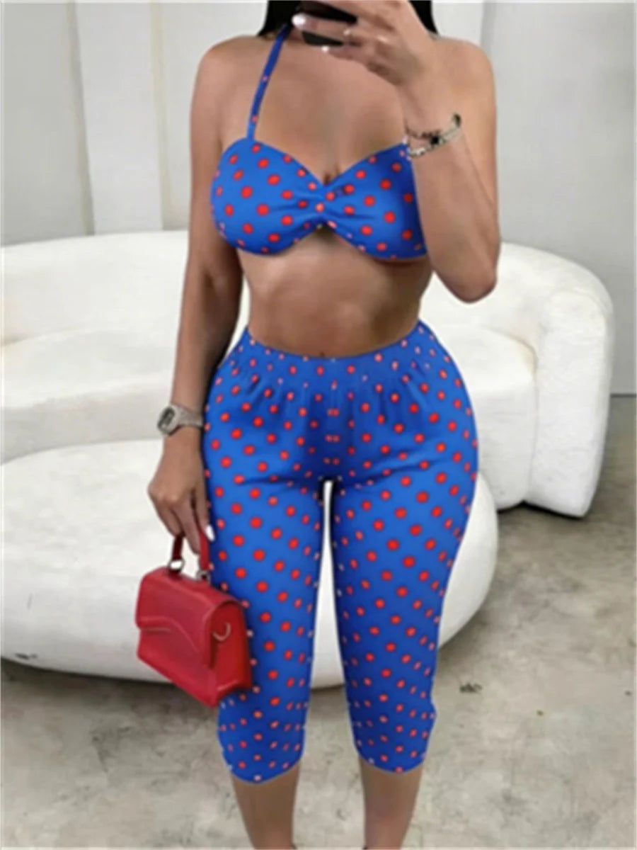 Wild Vacation 2 Piece Set Women Polka Dot Print Halter Tank Tops+Bike Shorts Stretch Matching Street Party Outfits