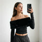 Off The Shoulder Long Sleeve Crop Top with Fuzzy Faux-fur Neckline 2026 Woman Fall Fashion T Shirts