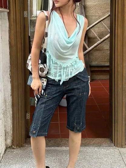 Folds Swing Collar Vest Women Tassel Solid Summer Fashion Music Festival High Street Hip-Hop Style Chic Leisure Clubwear