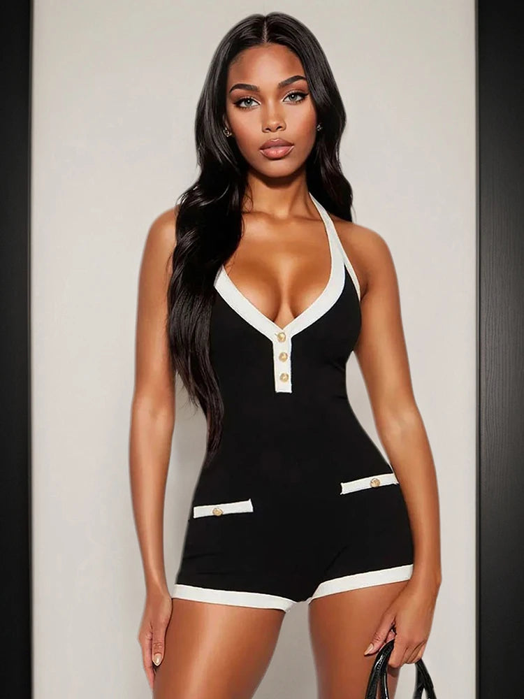 Contrast Patchwork Playsuits Women Lace-Up Halter Low-Neck Backless Button Decoration Skinny Peach Hip Fashion Romper