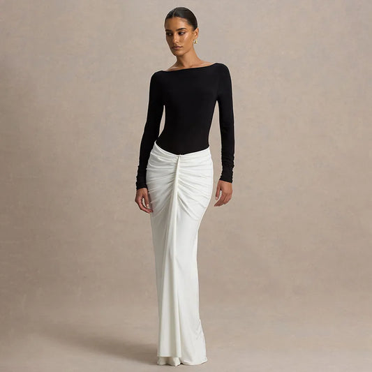 Black and White Patchwork Boat Neck Long Sleeve Backless Maxi Dress Elegant Party Dresses Fall Clothes