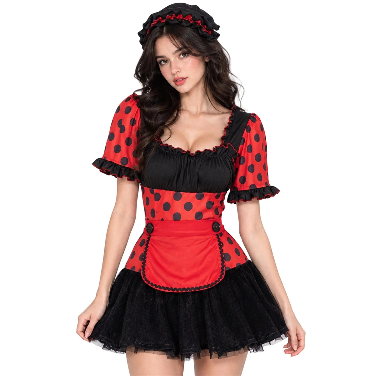 Womens Halloween Ladybug Cosplay Costume Polka Dot Puff Sleeve Tutu Mini Dress Maid Apron and Hat Carnival Fancy Dress