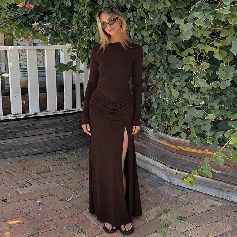 Long Sleeve Maxi Dress with Draped Waist and High Side Slit Elegant Brown Dresses for Woman Fall Winter 2026