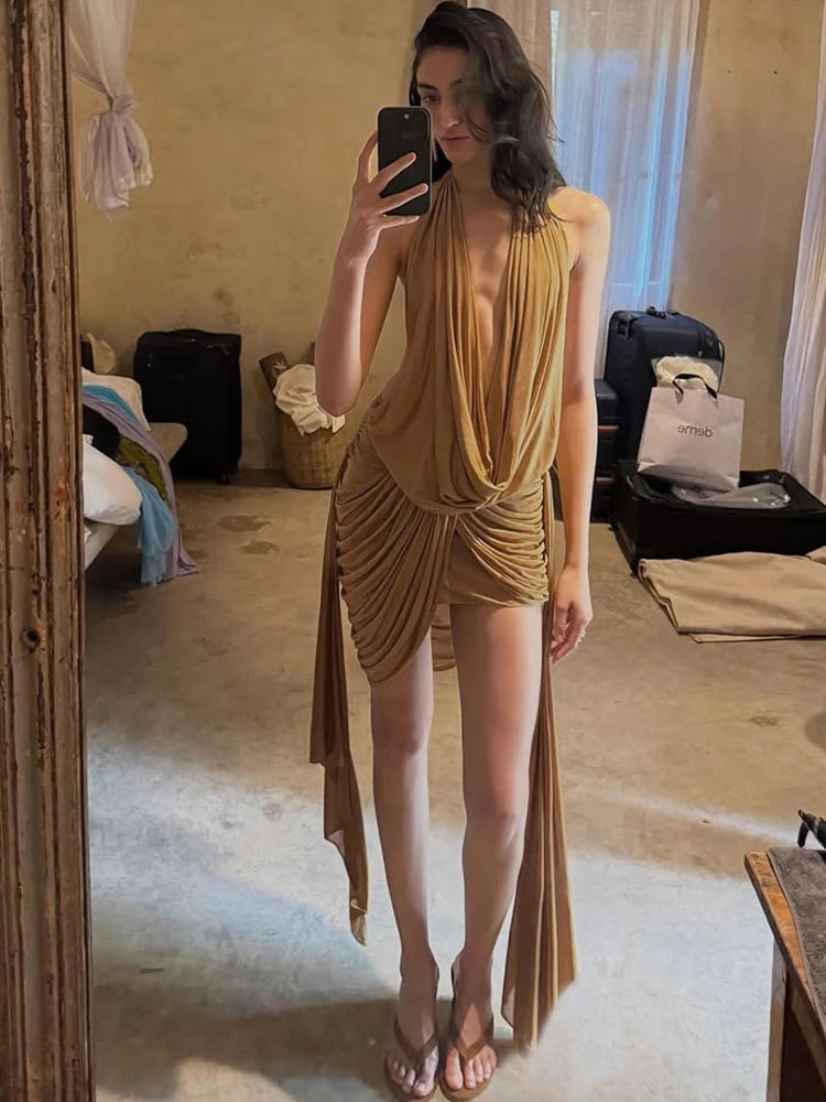 Elegant Ruched Mini Dress Woman Halter Swing Collar Backless Tassel Decoration Midnight Prom Party Fashion Bodycon