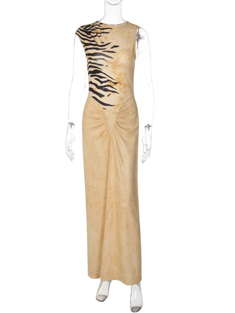 Women Tiger Print Sexy Maxi Dress Elegant Sleeveless Backless Bodycon Long Dress Female Tie Dye Ruched Club Party Dress