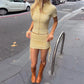Yellow Textured Two Piece Set Drawstring Ruched Mini Skirt and Top Sexy Womens Outfit