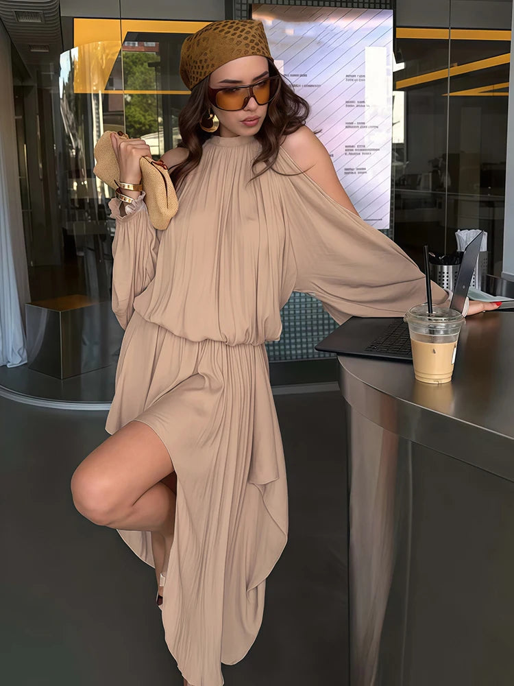 Sexy Off-Shoulder Hollow Dress Women Fashion Turtleneck Ruched Full Sleeve Irregular Hem Elegant Party Club Outfits