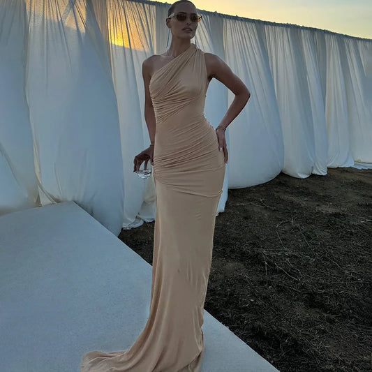 One Shoulder Sleeveless Ruched Long Maxi Dresses Women Elegant Sexy Evening Dress Party Outfit Woman