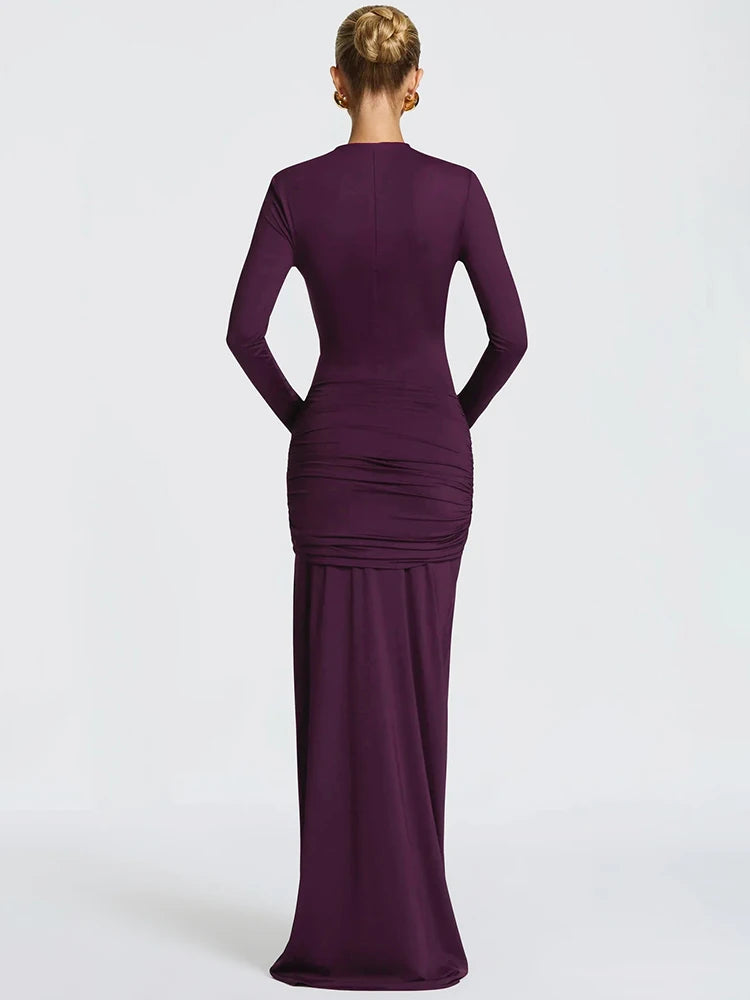 Hollow Out Long Sleeve Sexy Maxi Dress Women Gown Elegant O Neck Draped Ruched Bodycon Club Party Long Dress Fashion