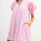 Summer Cute Gingham Babydoll Dress Ladies Round Neck Front Drawstring Bubble Sleeve Loose Flowy Short Dress Vacation