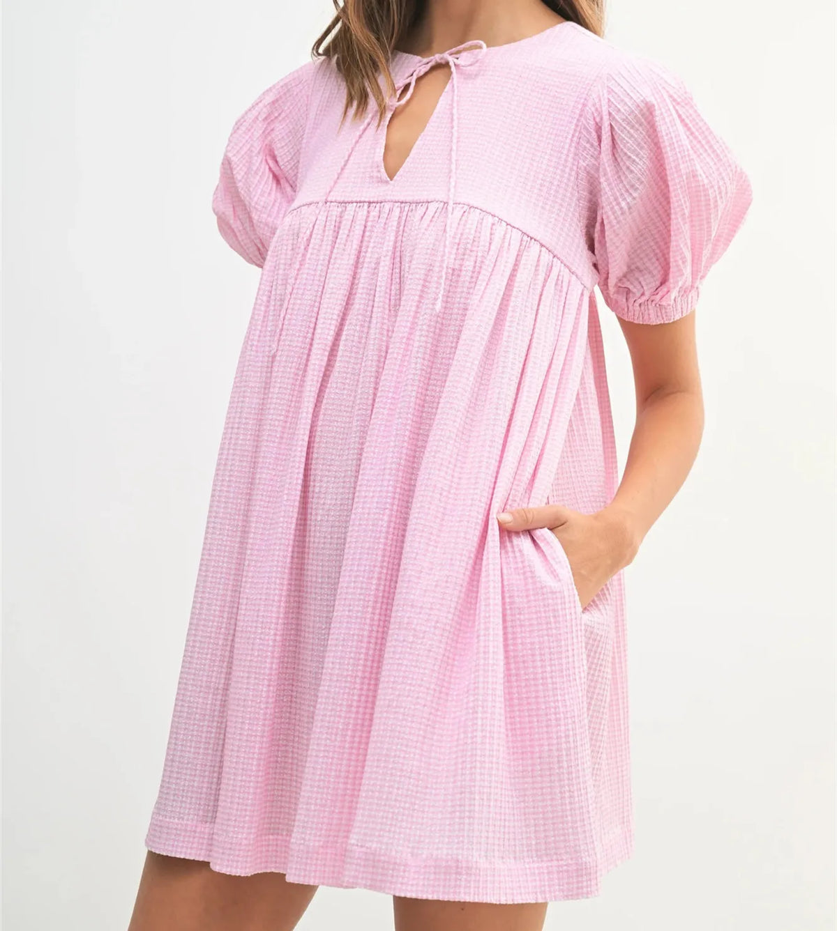 Summer Cute Gingham Babydoll Dress Ladies Round Neck Front Drawstring Bubble Sleeve Loose Flowy Short Dress Vacation