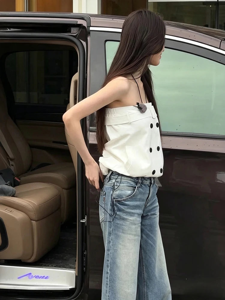 Chest Wrap Double-Breasted Tank Tops Women Square Decoration Classic Music Festival High Street Summer New Trend Outfit