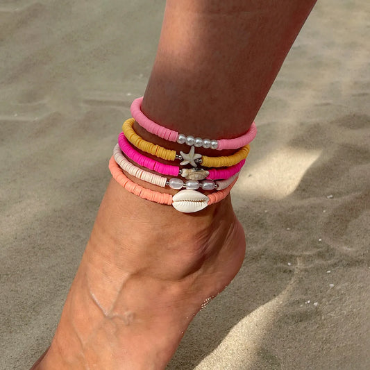 5Pcs/Set Boho Stackable Soft Clay Pottery Chain Bracelets for Women Summer Beach Starfish Ankle Barefoot Leg Jewelry