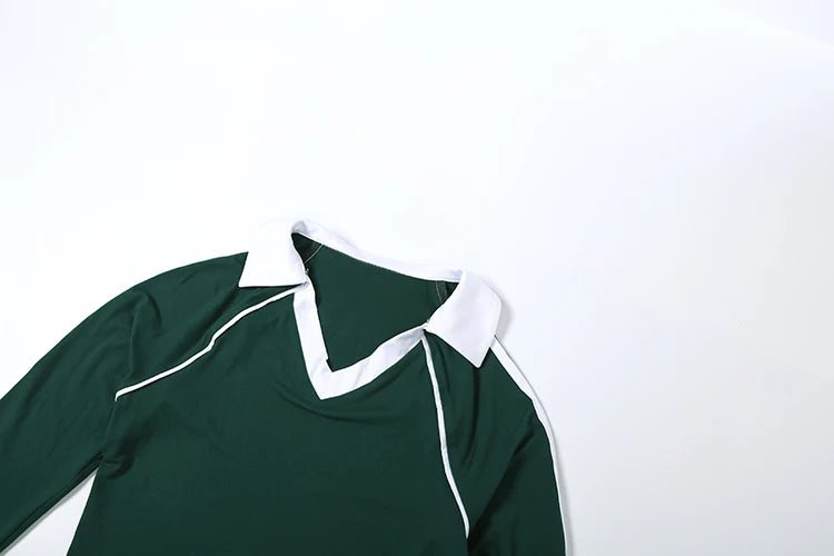 Sporty Simple Contrast Patchwork 2 Piece Set Woman V-Neck Full Sleeve Tops+Skinny Long Pants Casual Style Classic Outfits