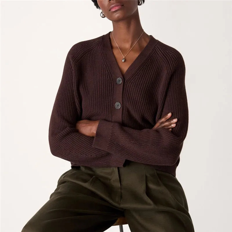 Women V Neck Ribbed Knit Cardigan Button Down Long Sleeve Cropped Sweater Loose Basic Knitwear Fall Winter Jumpers