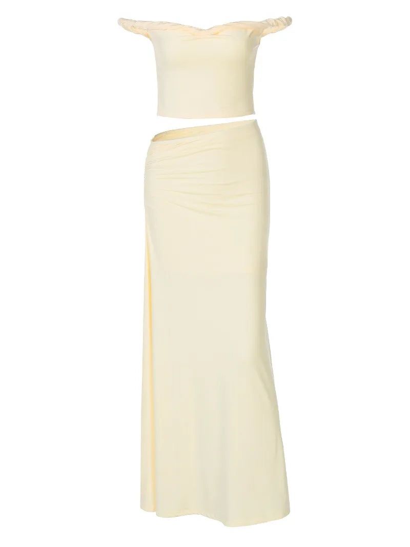 Woman 2 Piece Set Vacation Outfit Summer Twisted Off Shoulder Crop Top and Long Skirts Co Ord Sets