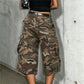 Y2K Hip Hop Camo Cargo Capri Shorts Women Distressed Ripped Multi Side Pocket Baggy Wide Leg Camouflage Streetwear